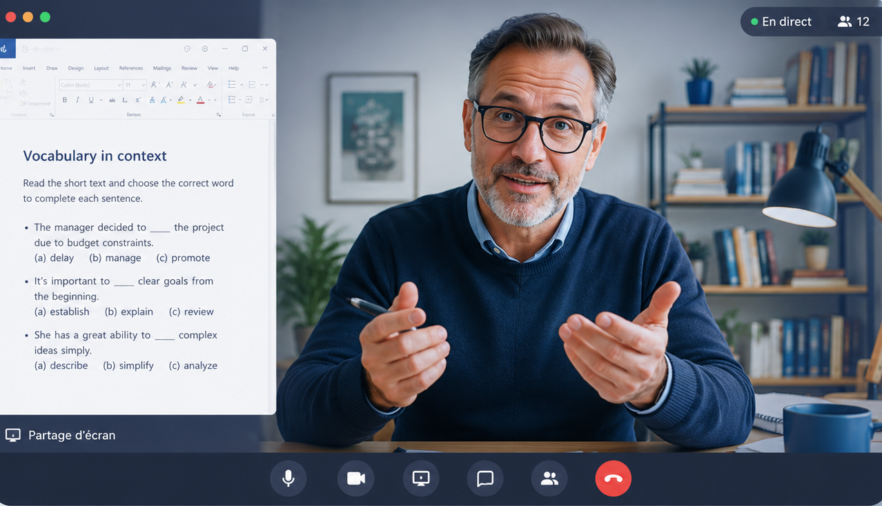 Professeur donnant un cours d’anglais en ligne